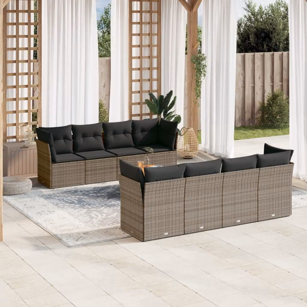 vidaXL Set Divano da Giardino a L in Polyrattan Grigio con 9 Pezzi e Cuscini Imbottiti – 1