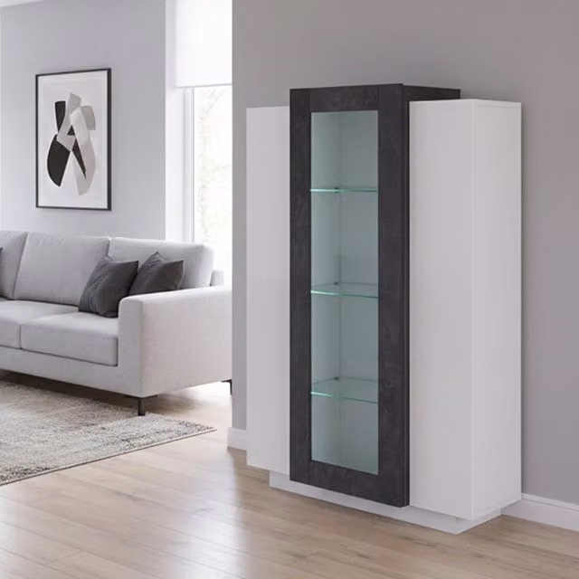 Vetrina moderna Ablaze DMORA con ante in vetro e luce LED, Bianco lucido e Grigio Cenere, L: 80 cm, P: 38 cm, H: 121 cm