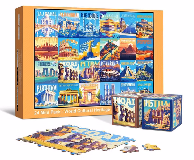 Calendario dell'Avvento con 24 mini-puzzle, raffiguranti siti patrimonio mondiale dell'UNESCO, per un totale di 1000 pezzi