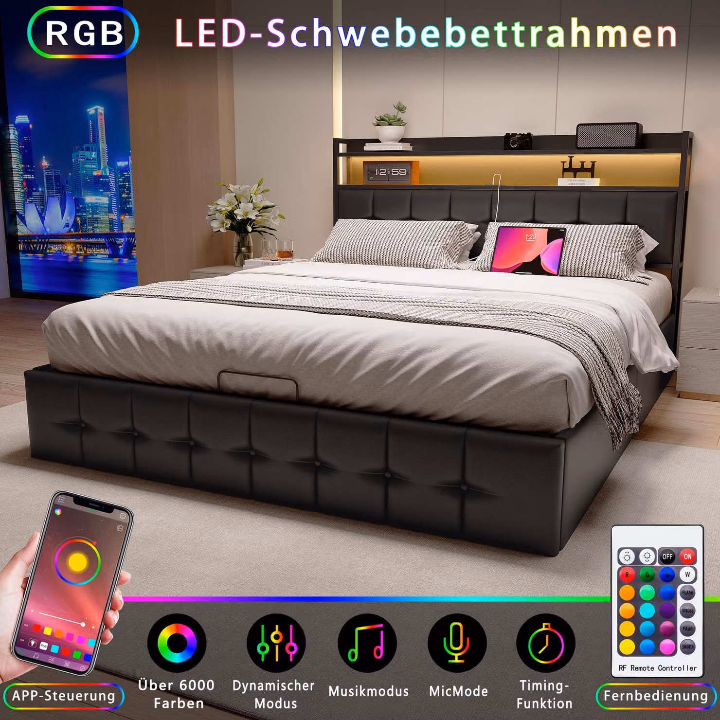 Letto imbottito UnboxG 140x190 cm in Finto cuoio nera con sistema di sollevamento idraulico, illuminazione a LED RGB, stazione di ricarica (USB-C + USB), contenitore con testiera imbottita per camera da letto