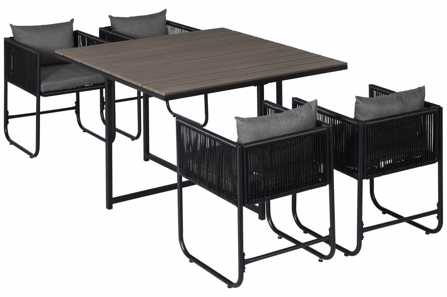 Set di mobili da giardino Moonbite in rattan sintetico, composto da 5 pezzi: un tavolo quadrato da pranzo di 110 x 110 cm e 4 sedie. Include cuscini removibili e lavabili, struttura in acciaio, materiale in rattan sintetico, colore grigio