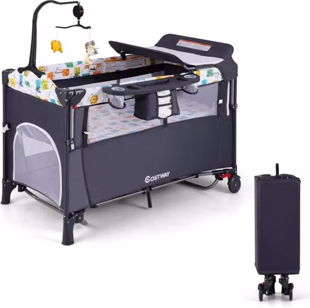 Culla portatile per bambini con tavolino pannolino borsa di stoccaggio giocattolo, Lettino a culla 5 in 1 Grigio