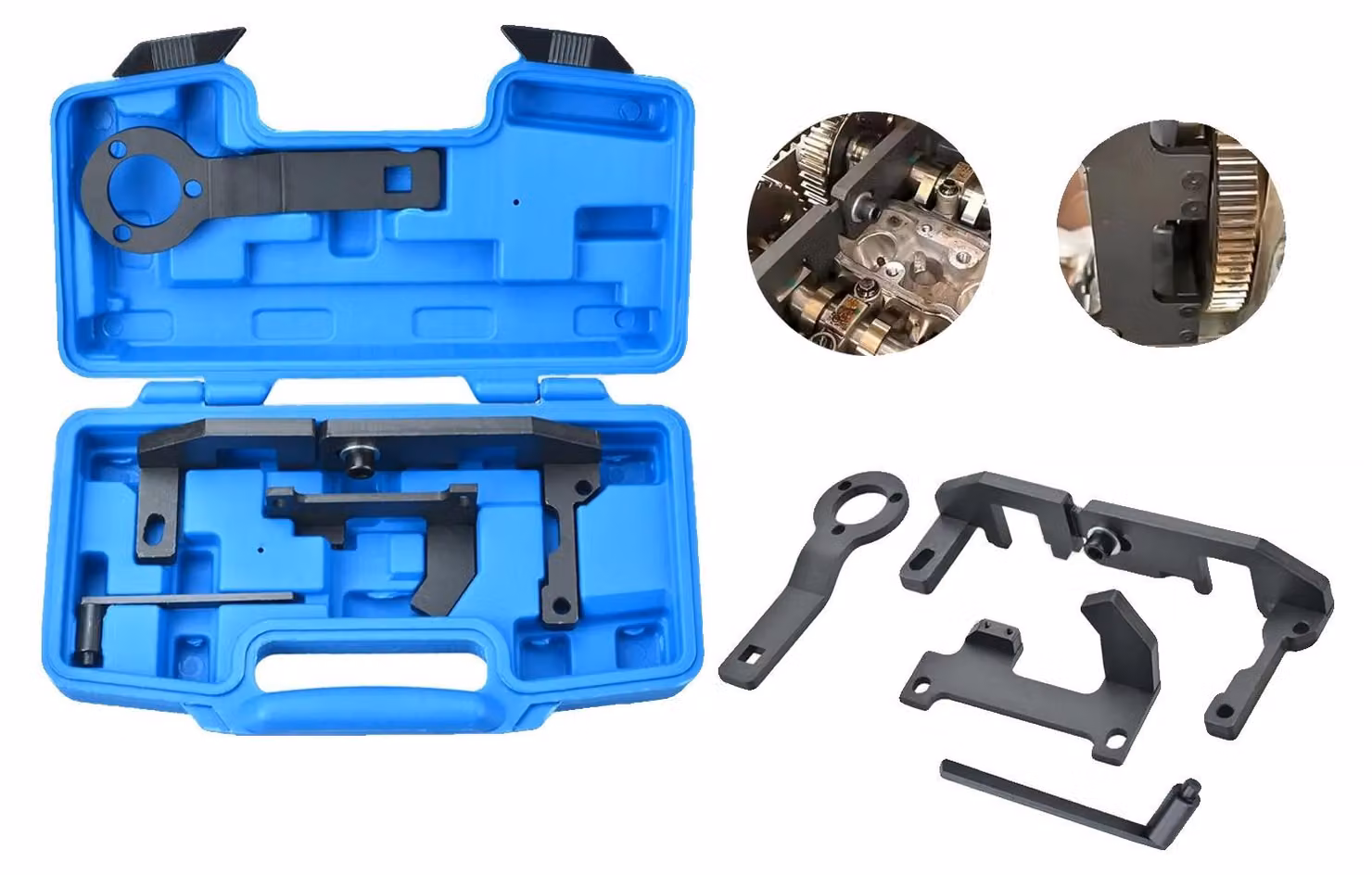 Kit di strumenti per la fasatura dell'albero a camme del motore, in acciaio, dimensioni: 28 cm x 20 cm x 5 cm, compatibile con veicoli Citroen e Peugeot, adatto per motori 1.0 VTi e 1.2 VTi, include una custodia per il trasporto