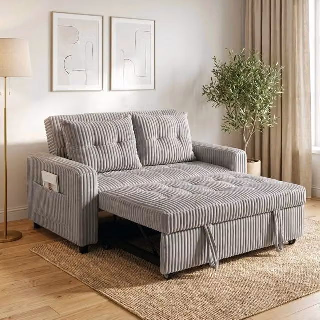 Divano letto 2 posti 190x126 cm con schienale regolabile a 3 livelli in poliestere grigio chiaro