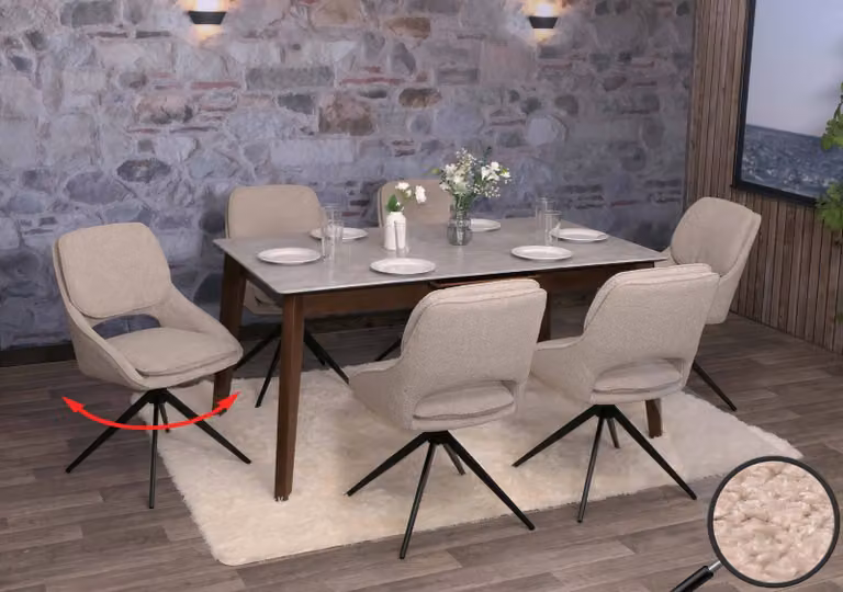 Set di 6 sedie da pranzo modello HWC-N73, sedia da cucina, girevole con sistema di ritorno automatico, rivestita in tessuto boucle (540g/m²), colore beige