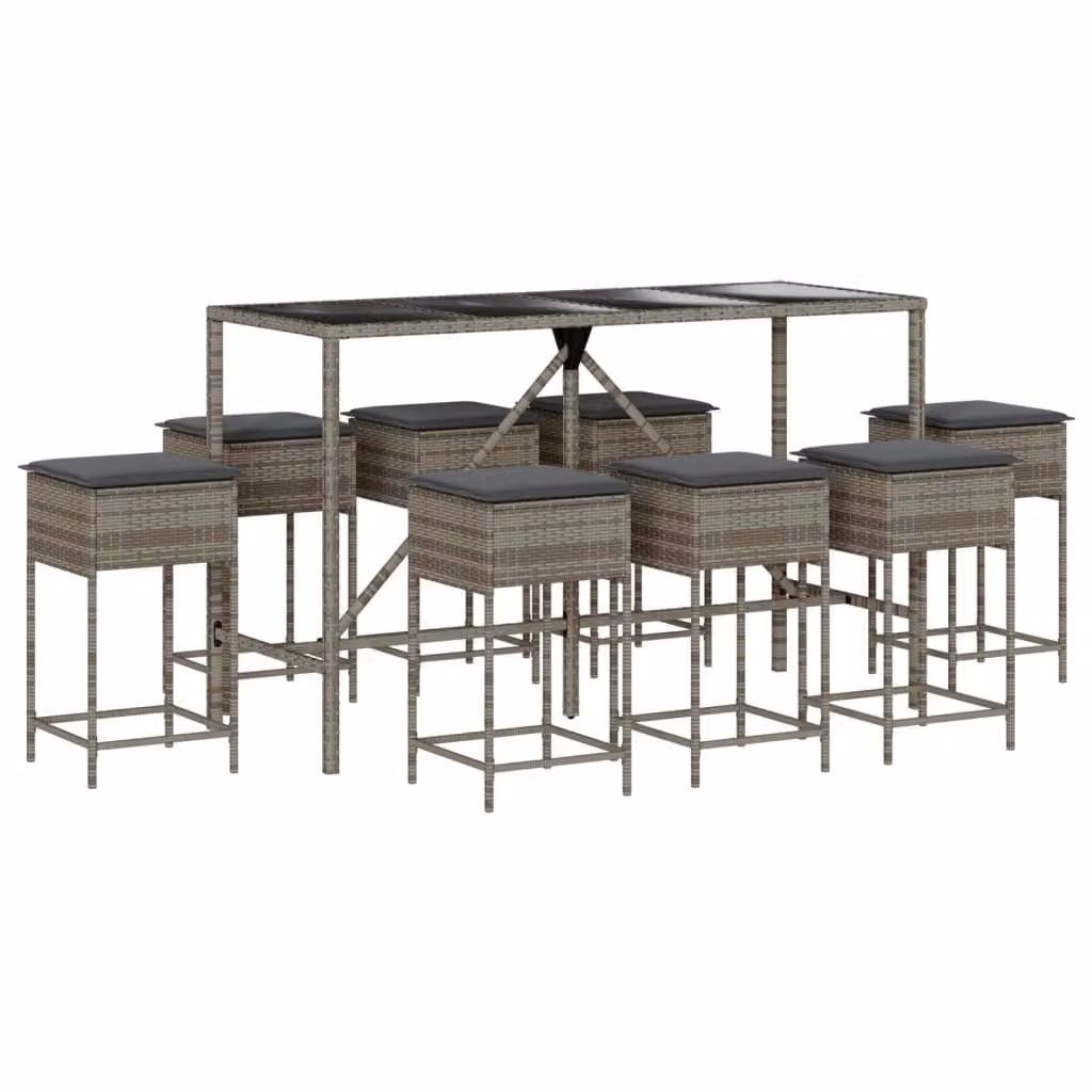 Set Bar da Giardino 9 pz con Cuscini in Polyrattan Grigio