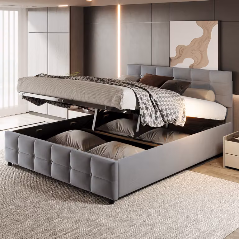 Letto imbottito idraulico Flieks 180x200cm con rete a doghe, letto contenitore con testiera regolabile in altezza, letto matrimoniale letto per ragazzi, velluto