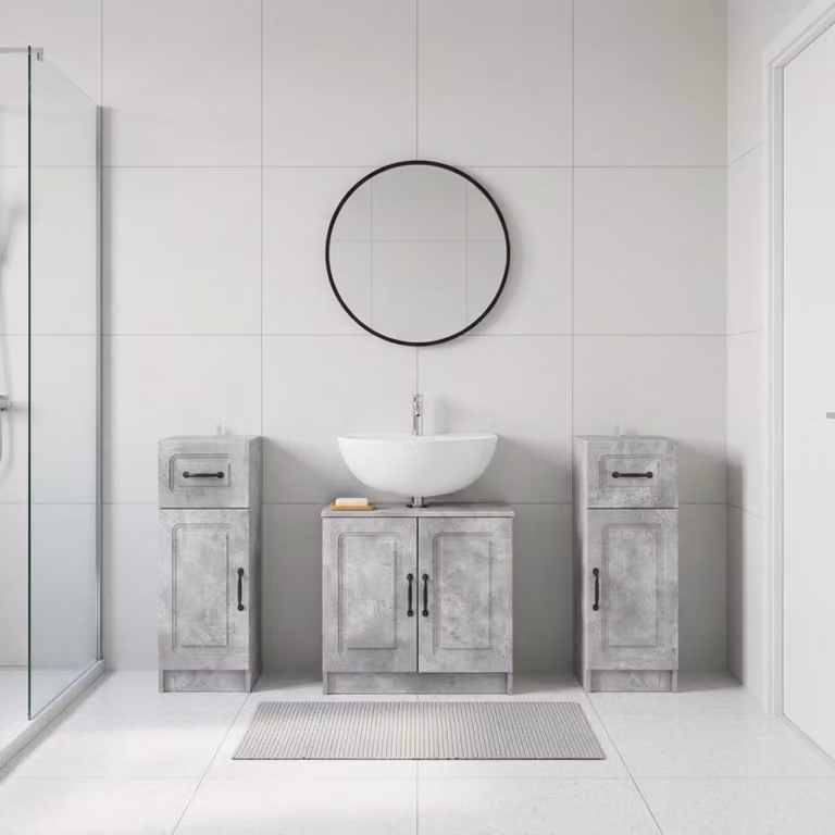 Set di mobili da bagno vidaXL UTRECHT in 3 pezzi, colore grigio, design minimalista con ante a cerniera e ripiani interni, struttura autoportante