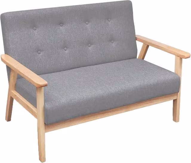 Set Divano Retro con Poltrona in Tessuto Grigio con Funzione Letto e Struttura in Legno Massello per Soggiorno e Sala da Pranzo