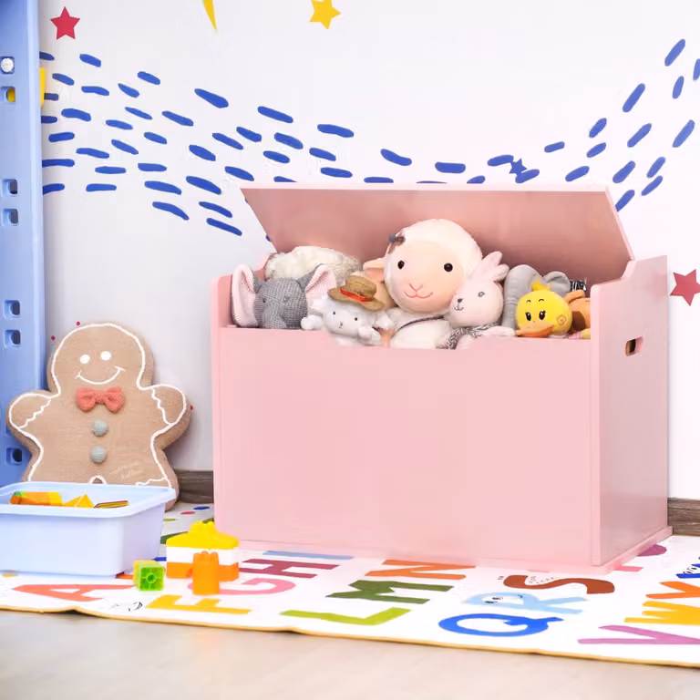 Cassa per giocattoli Costway con coperchio sollevabile e 2 cerniere di sicurezza, Rosa