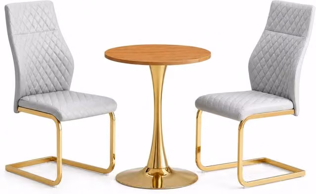 Set tavolo e sedie 60 cm in MDF effetto legno, metallo dorato, 2 posti