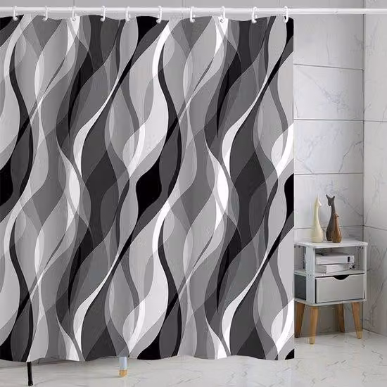 Tenda da bagno digitale, 180x200 cm, bianca e grigia, in poliestere, senza forature