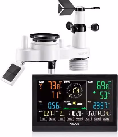 Stazione Meteorologica Wireless VEVOR con Display VA da 190,5 mm, Sensore Esterno a Energia Solare e Pluviometro, Bianca, per Interni ed Esterni con 7 Funzioni di Previsione, Temperatura e Umidità
