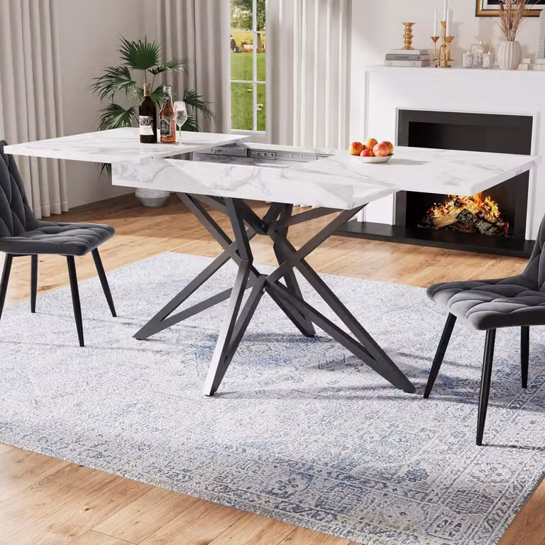 Tavolo allungabile, dimensioni 120-160x80 cm, bianco/nero, con gambe a forma di stella, adatto per 4-6 persone