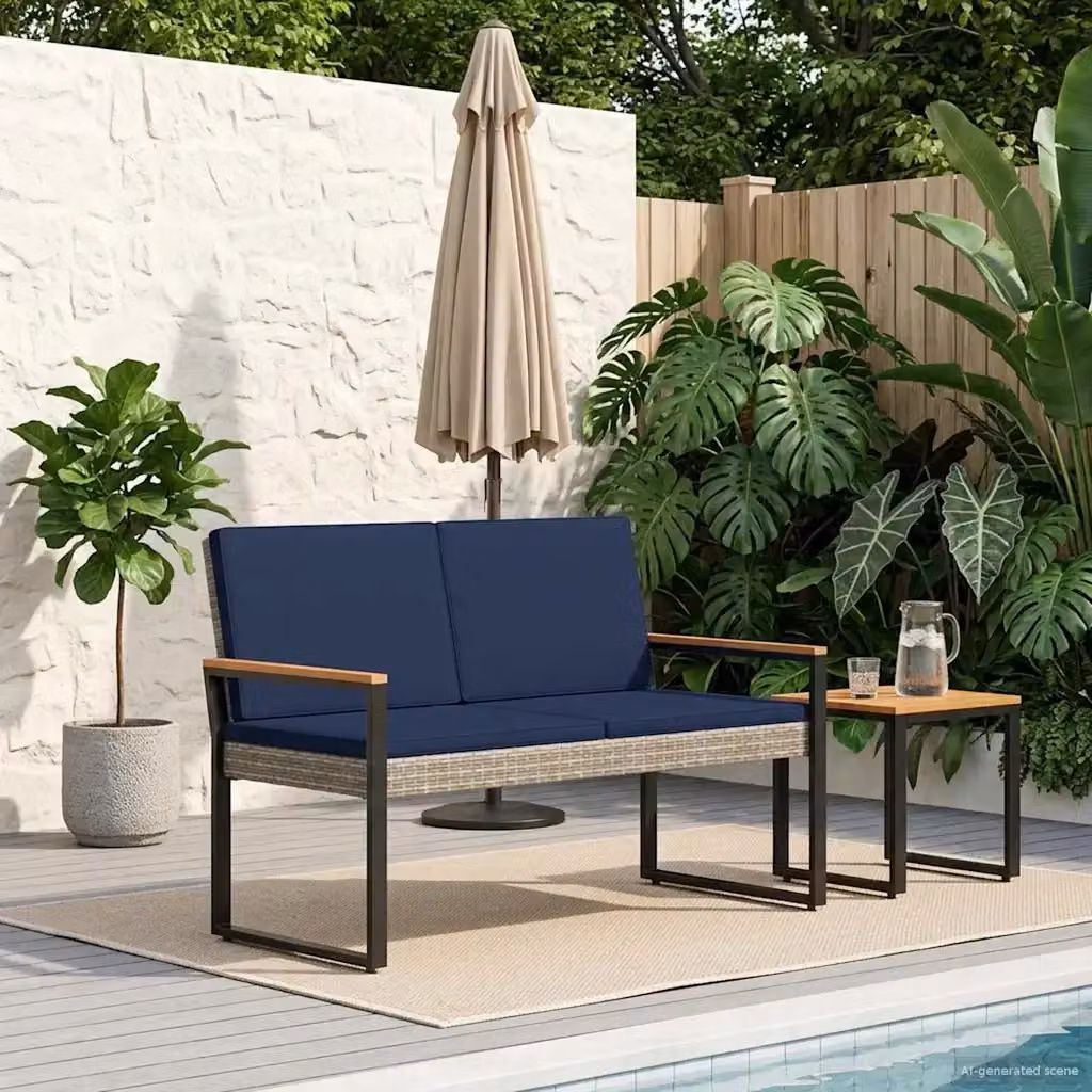 Panchina da esterno moderna in rattan e metallo con braccioli, Grigio e Blu, L: 107 cm, P: 61 cm, H: 80 cm – 2