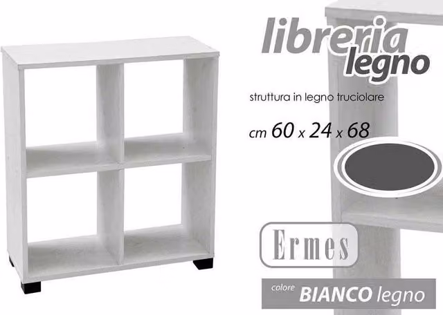 Mobile Libreria Ermes Kaela Scaffale Basso con 4 Scomparti in Legno Bianco L 60 cm x P 24 cm x H 68 cm