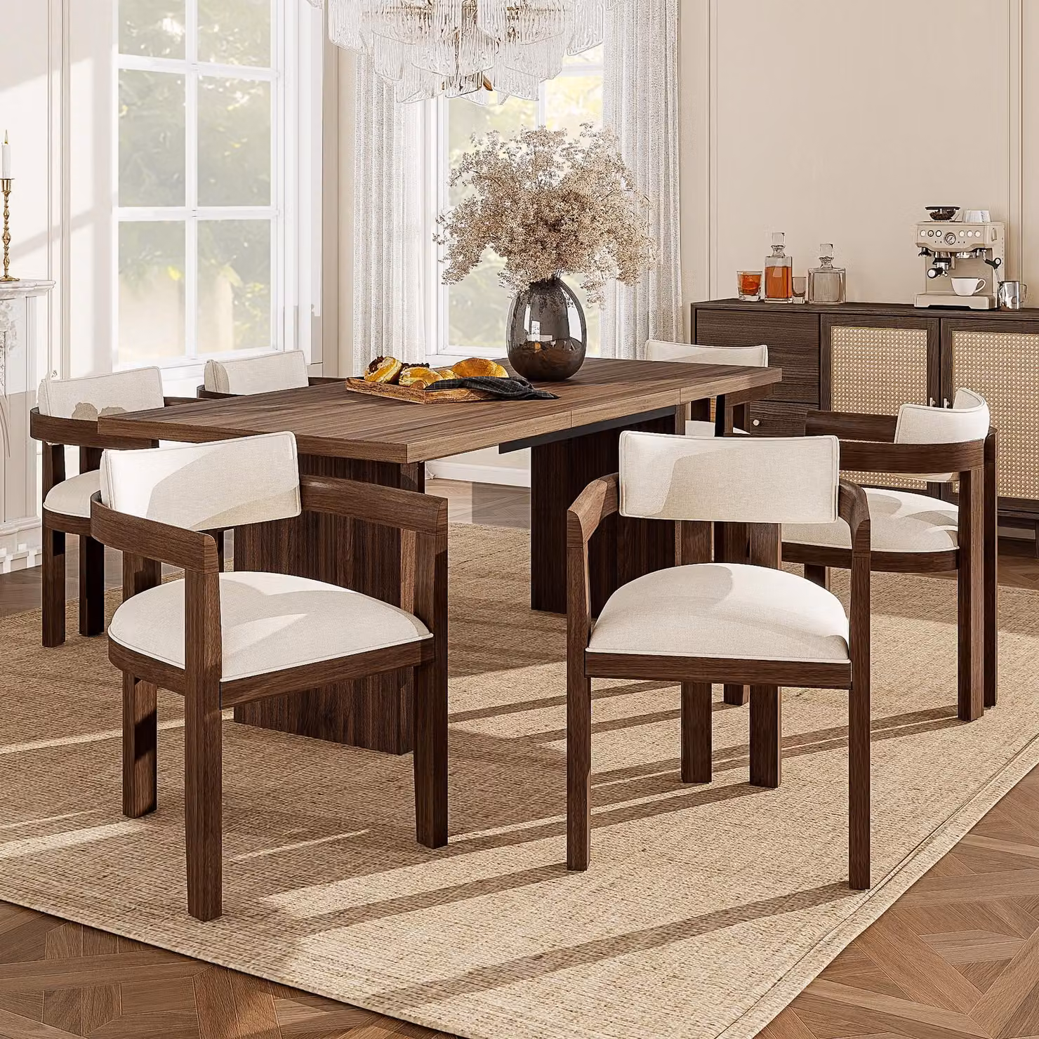 MODFU: Set di 6 sedie da pranzo in legno massello, poltrona reclinabile, sedia da cucina, comoda e traspirante, poltrona, rivestimento in lino, finitura noce