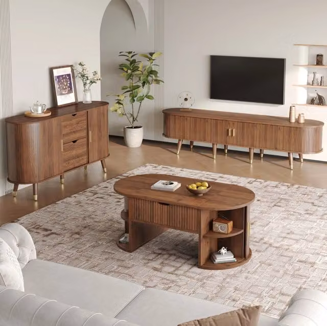 Set soggiorno ULEVR 3 pezzi effetto noce con mobile TV, credenza e tavolino con piano sollevabile
