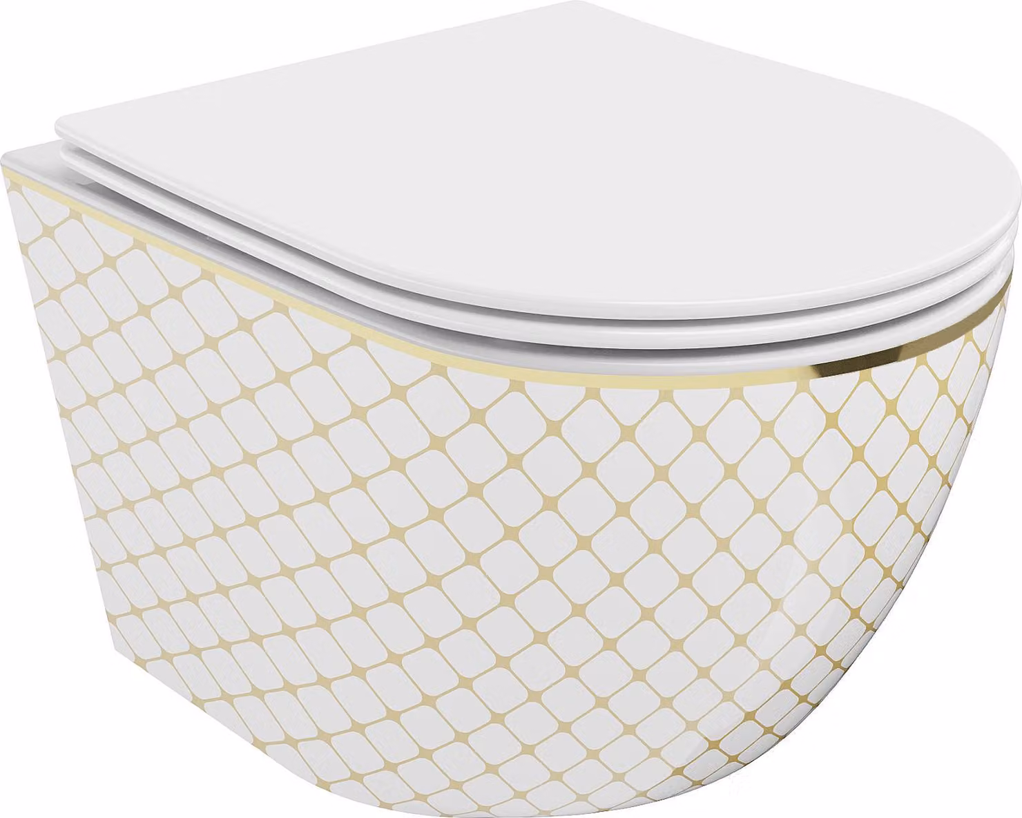 Mexen Lena wc a parete senza bordo con sedile a chiusura rallentata slim, duroplast, bianco/oro motivo a quadri - 30224009
