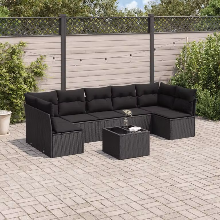 vidaXL Set Divani da Giardino a L con Cuscini 8 pz Nero in Polyrattan e Tavolino da Esterno