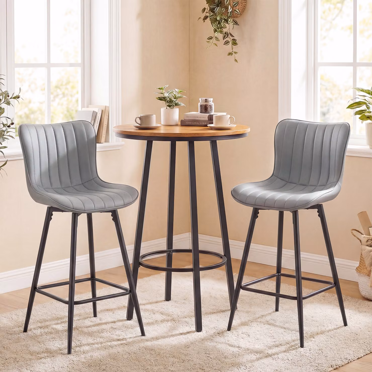 Set di 2 sgabelli da bar moderni Costway con schienale e seduta imbottita in ecopelle, colore grigio, ideali per cucina e salotto