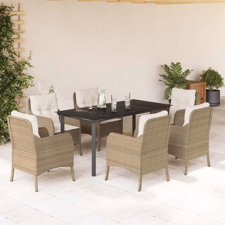 Set da Pranzo da Giardino vidaXL in Polyrattan con Cuscini Beige e Tavolo in Vetro, 7 Pezzi