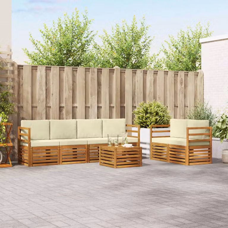 Set di divani da esterno vidaXL 7 pezzi in legno di acacia con cuscini beige e bianchi per giardino e terrazza