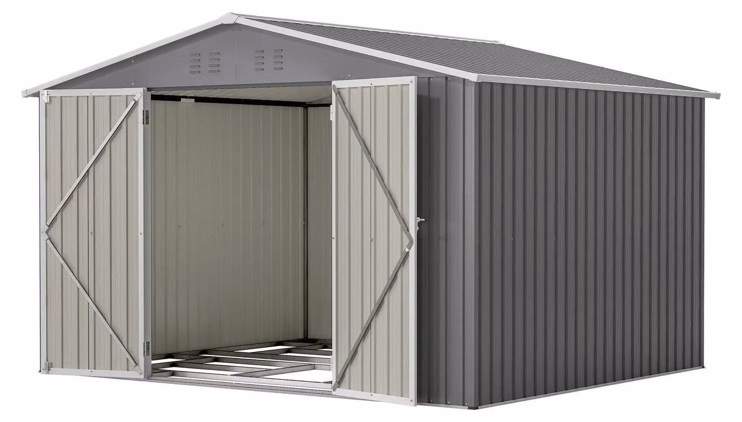 Capanno per attrezzi in metallo, dimensioni 300x250x191 cm, colore grigio, con base, tetto a due falde e doppia porta