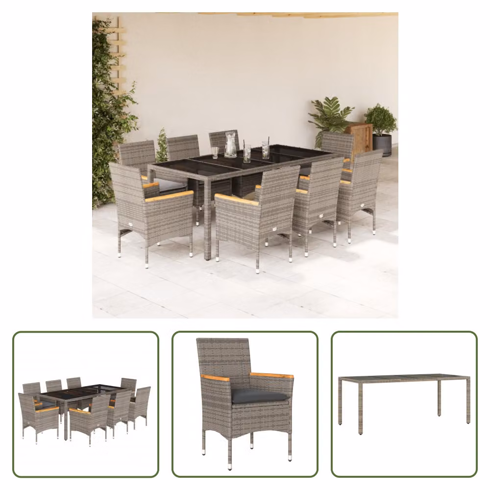 The Living Store Set da pranzo da giardino 9 pezzi con cuscini in poly rattan grigio e vetro