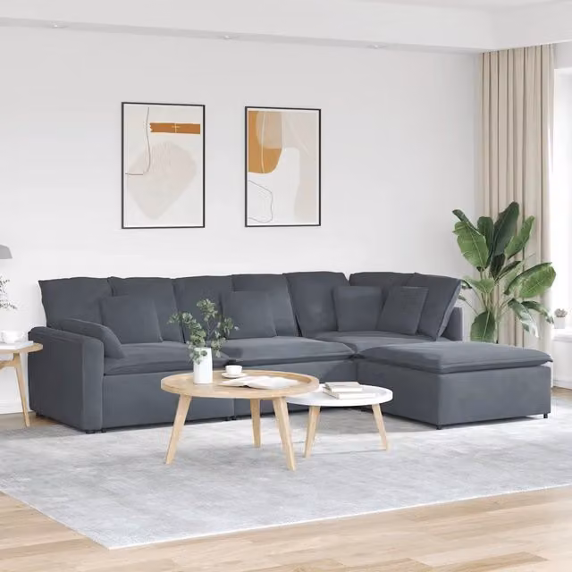 Divano Modulare con Poggiapiedi e Cuscini Velluto Grigio Scuro 3321190