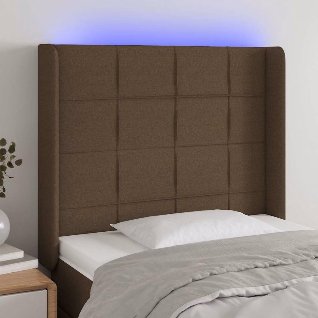 Testiera con LED e porta USB vidaXL in tessuto marrone scuro, L: 93 cm, P: 16 cm, H: 118-128 cm