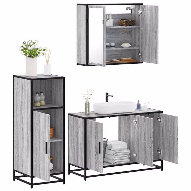 Set di mobili da bagno industrial vidaXL in 3 pezzi colore grigio con armadietto specchio, mobile lavabo e mobile laterale in legno, metallo e vetro