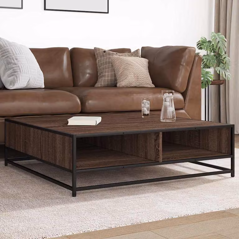 Tavolino stile industriale vidaXL in truciolato e metallo, colore rovere marrone e nero, L: 100 cm, P: 100 cm, H: 30 cm
