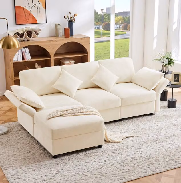 Divano multifunzionale angolare con pouf; 3-4 posti; in ciniglia beige
