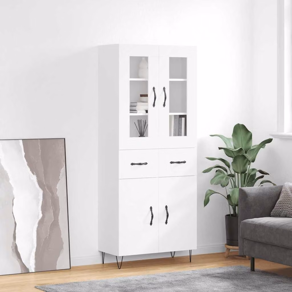 Credenza moderna vidaXL bianca in legno multistrato con vetro e metallo L: 69,5 cm, P: 34 cm, H: 180 cm