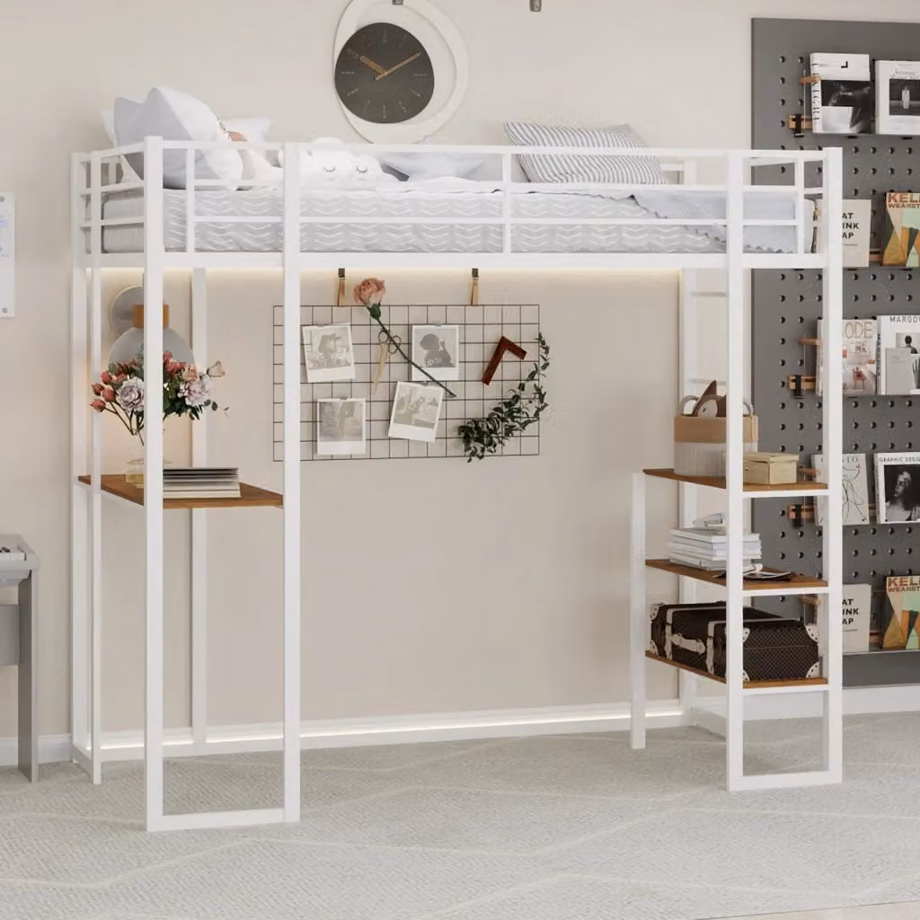 Letto a soppalco singolo in metallo bianco con scrivania e scale, L/P/H: 190 x 90 cm – 2