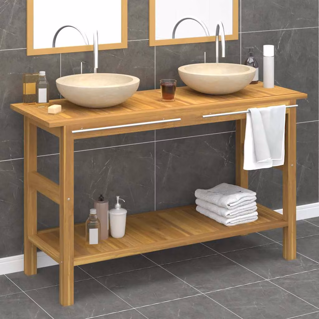 Mobile Vanità da Bagno vidaXL in Legno di Teak e Marmo Crema Beige e Marrone