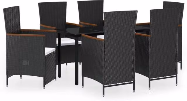 Set da pranzo da giardino Outsunny in polyrattan nero con tavolo in vetro e 7 pezzi