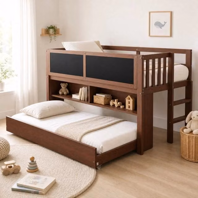 Letto per bambini 90x200 cm con letto estraibile; lavagna e ripiani aperti marrone