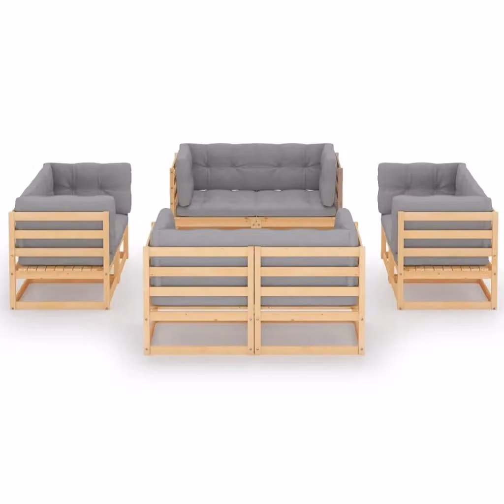 Set di mobili da giardino componibile a L in legno di pino massiccio con 8 pezzi e cuscini grigi – 2