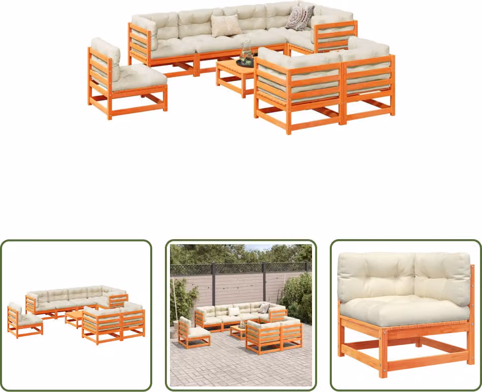 The Living Store Set di divani da giardino 9 pezzi con cuscini in legno di pino marrone cera