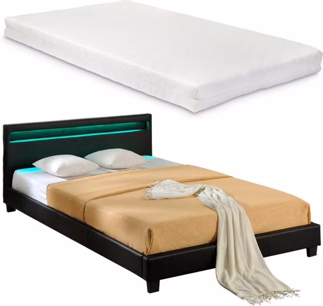 Letto Francese Corium con Materasso e Testiera Alta con Illuminazione a LED in Similpelle Nero L/P/H: 140 x 200 x 210 cm