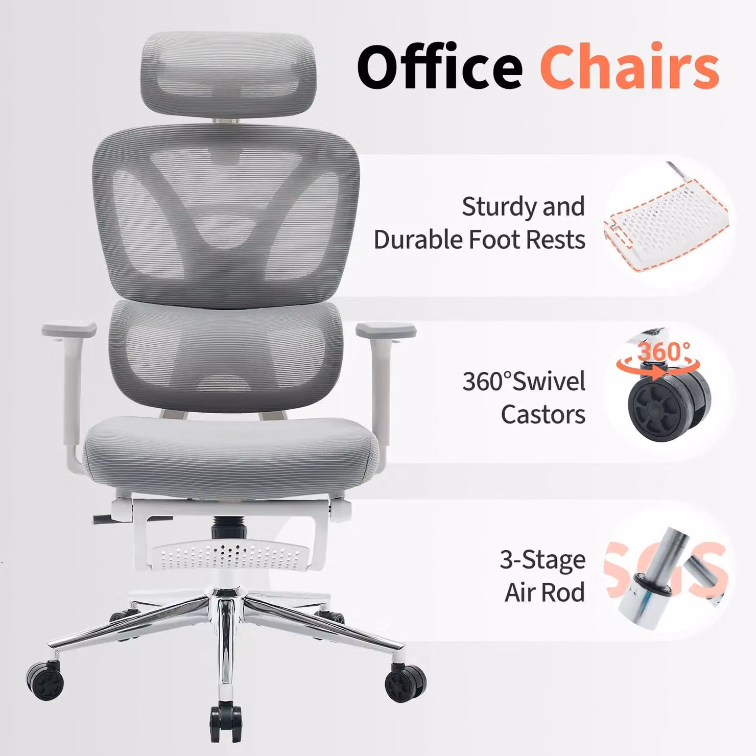 Sedia da ufficio ergonomica in mesh: schienale alto, poggiapiedi, braccioli 3D, poggiatesta regolabile, supporto lombare dinamico, inclinabile e girevole - colore bianco