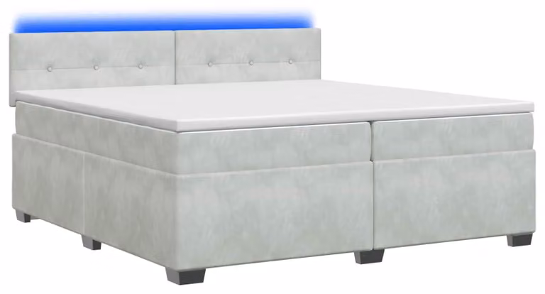 Letto con boxspring, materasso e illuminazione LED, colore grigio chiaro, dimensioni 200 x 200 cm, rivestito in velluto