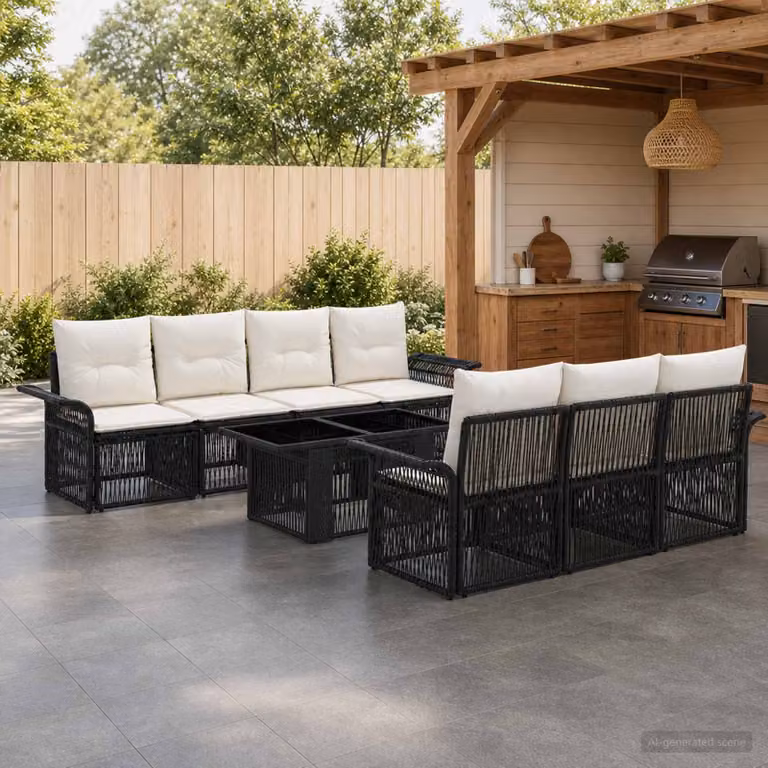 Set Divano da Giardino vidaXL 8 Pezzi in Polyrattan Moderno con Tavolino e Cuscini, Nero e Bianco Crema