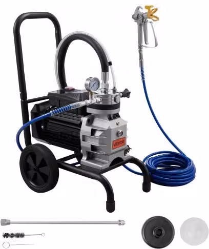 Spruzzatore di Vernice Airless VEVOR da 1500 W con Carrello, Nero, Pressione max 19,31 MPa e Flusso 2,5 L/min, incluso Tubo Flessibile 10 m e Asta Prolunga