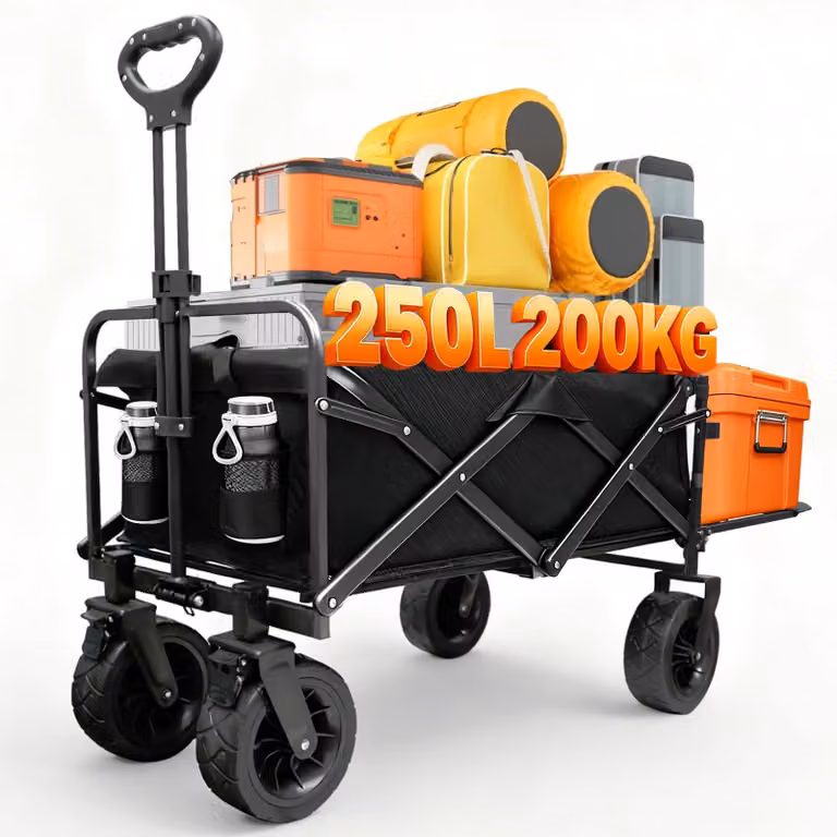 Carrello pieghevole, capacità di 300 litri, ruote off-road da 8 pollici, con portellone posteriore, ideale per giardinaggio e attività all'aperto
