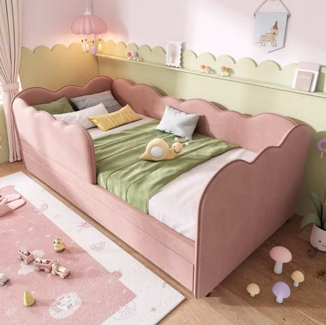 Letto 90x190 cm con letto estraibile e forma a nuvola in velluto rosa