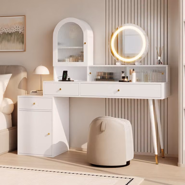 Comò da trucco Flieks con specchio a LED, comò con funzione di ricarica, comò da parrucchiere con armadietto e piano in vetro, 140x40x140 cm, bianco