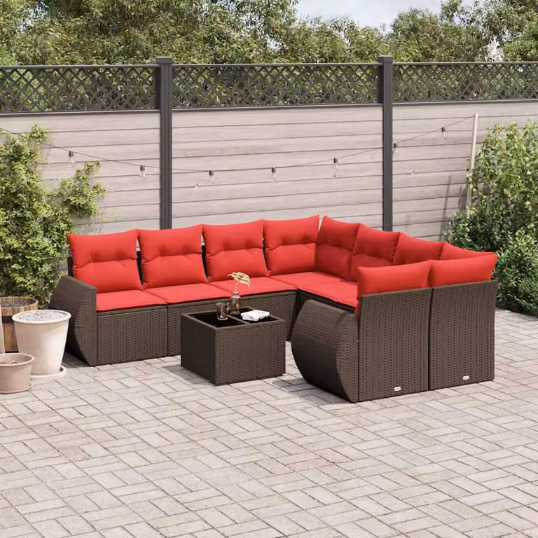 Set di divani da giardino vidaXL in polyrattan marrone con cuscini e tavolino da esterno a forma di L